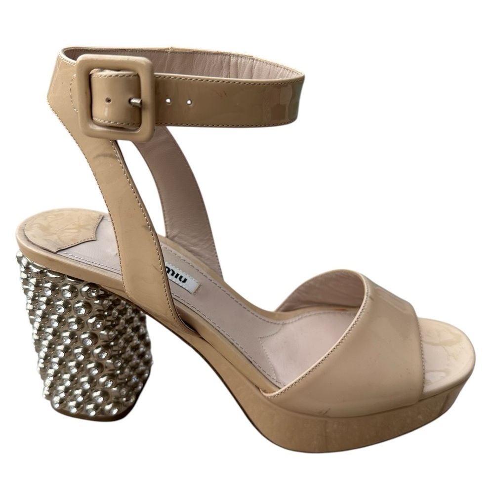 Miu Miu Patent Jewel Heel Platform Sandal Nude Size 39 - Picture 10 of 16